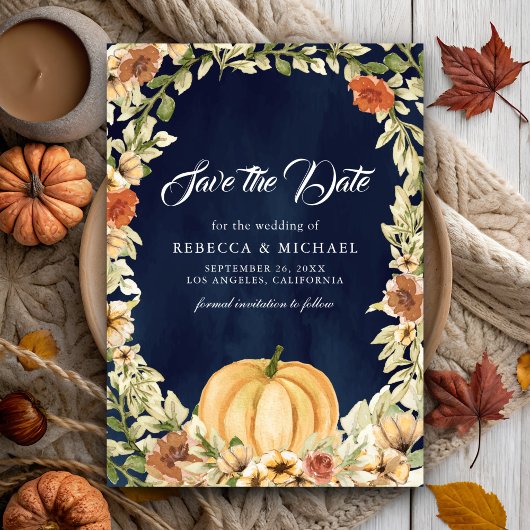 Herfst Aardse Bloemige Pompoen Marineblauw Bruilof Save The Date