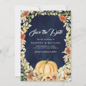 Herfst Aardse Bloemige Pompoen Marineblauw Bruilof Save The Date (Voorkant)