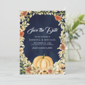 Herfst Aardse Bloemige Pompoen Marineblauw Bruilof Save The Date (Staand voorkant)