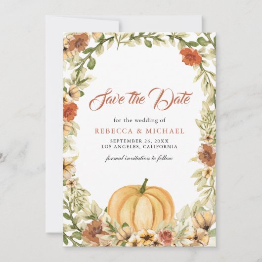 Herfst Aardse Bloemige Pompoen Trouwdag Save The Date (Voorkant)