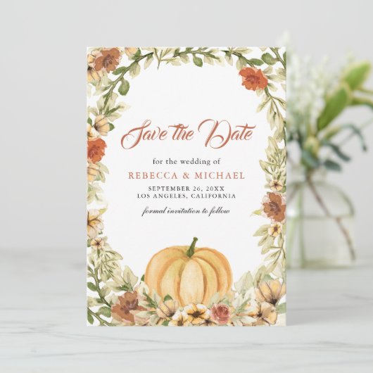 Herfst Aardse Bloemige Pompoen Trouwdag Save The Date (Staand voorkant)