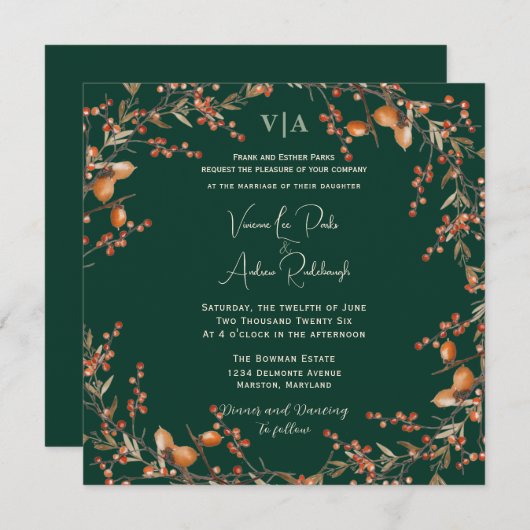 Herfst Acorn Krans Smaragdgroene bruiloft Kaart (Voorkant / Achterkant)