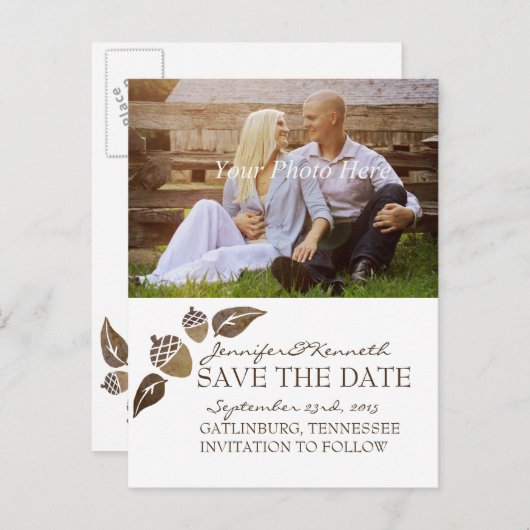 Herfst Acorns and Leaves Wedding Aankondigingskaart (Voorkant / Achterkant)