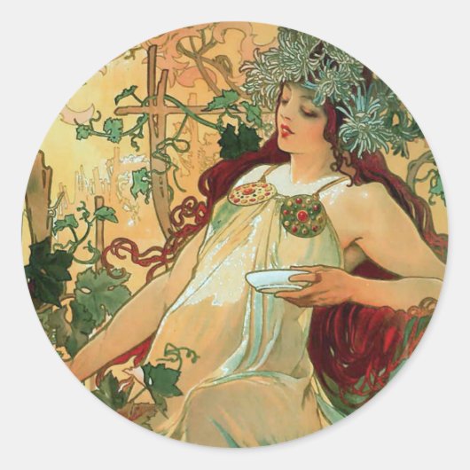 Herfst Alphonse Mucha Art Nouveau Stickers (Voorkant)