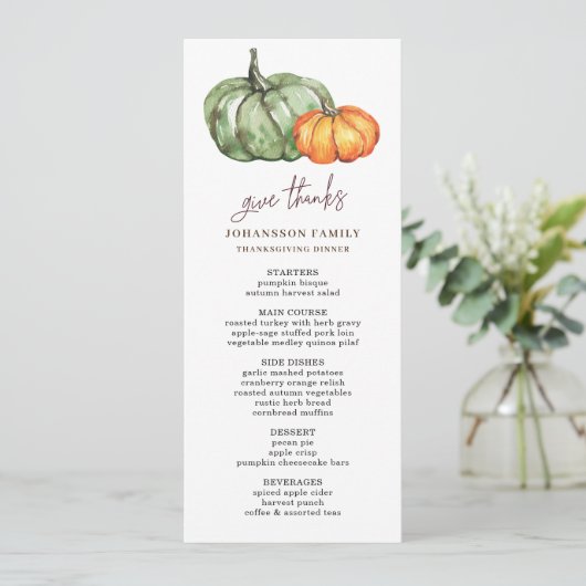 HERFST AMBER GROEN POMPOENEN THANKSGIVING DINER MENU (Staand voorkant)