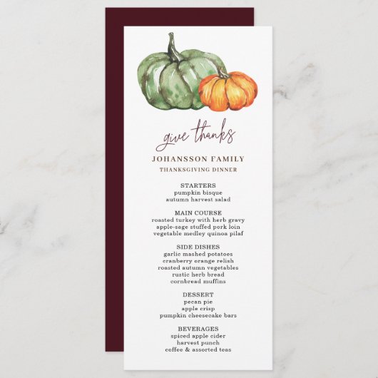 HERFST AMBER GROEN POMPOENEN THANKSGIVING DINER MENU (Voorkant / Achterkant)