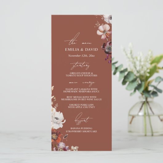Herfst Anemoon Bloemen Donker Terracotta Trouwmenu Menu (Staand voorkant)