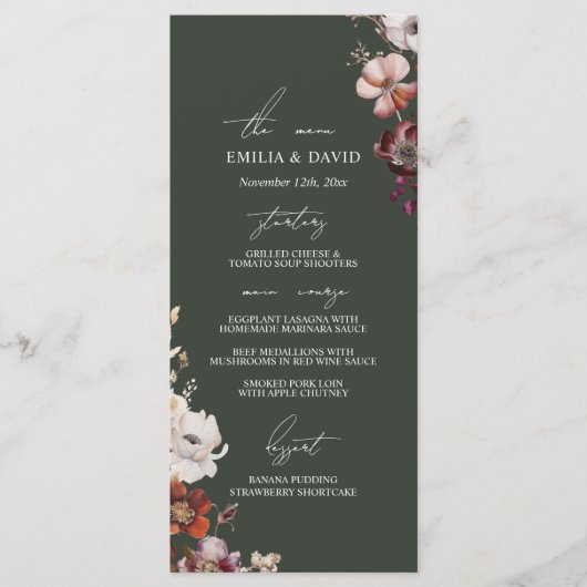 Herfst Anemoon Bloemen Donkergroen Trouwmenu Menu (Voorkant)