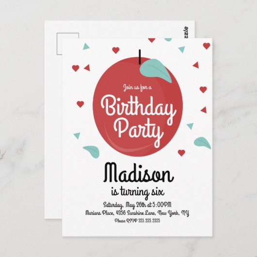 Herfst Apple Confetti Hearts Birthday Invitation Briefkaart (Voorkant / Achterkant)