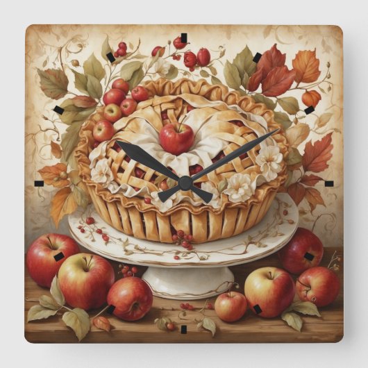 Herfst Apple Pie Wall Clock Vierkante Klok (Voorkant)