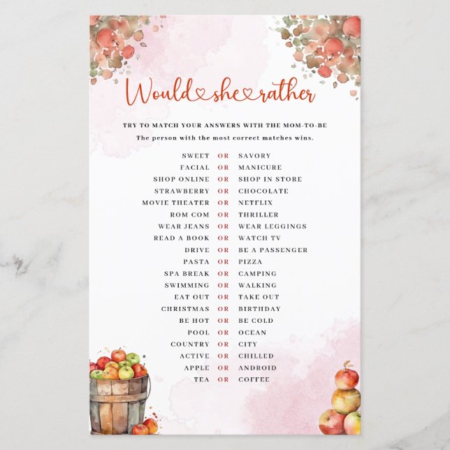 Herfst Apple zou ze liever Baby shower spel (Voorkant)
