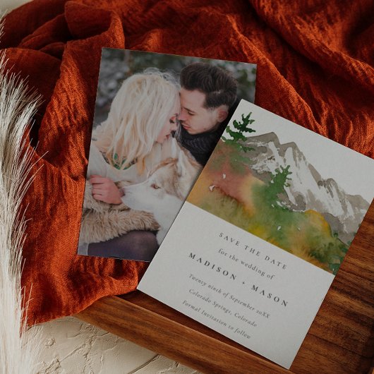 Herfst Aquarel Bergen Dennenbomen Foto  Save The Date