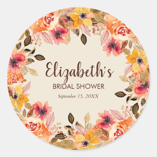 Herfst Aquarel Bloemen Bruidsfeest Ronde Sticker (Voorkant)