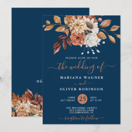 Herfst Aquarel Bloemen op Navy Blauwe Trouwdag Kaart