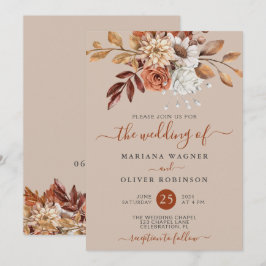 Herfst Aquarel Bloemen op Taupe Bruiloft Kaart