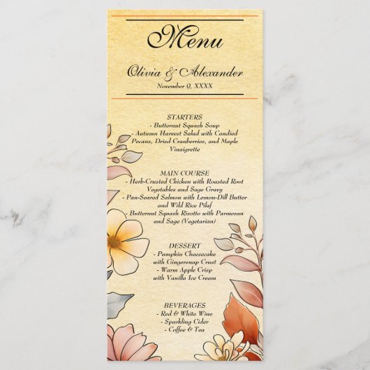 Herfst Aquarel Bloemige Terracotta Gele Menu (Voorkant)