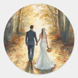 Herfst Aquarel Bruid & Bruidegom Geschilderd Huwel Ronde Sticker