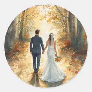 Herfst Aquarel Bruid & Bruidegom Geschilderd Huwel Ronde Sticker