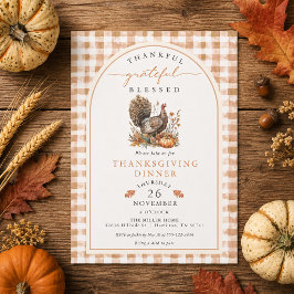 Herfst Aquarel Kalkoen Gingham Thanksgiving Kaart