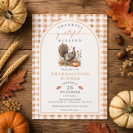 Herfst Aquarel Kalkoen Gingham Thanksgiving Kaart