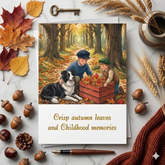 Herfst Aquarel Kinderen & Border Collie Nostalgisc Kaart