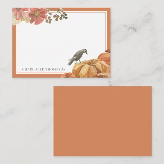 Herfst Aquarel Kraai en Pompoenen Aangepaste Naam Notitiekaartje (Voorkant / Achterkant)