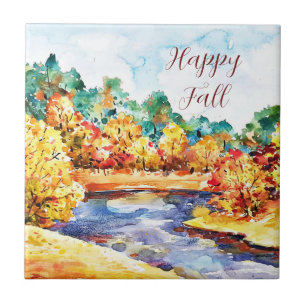 Herfst aquarel landschap met aanpasbare tekst tegeltje