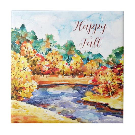 Herfst aquarel landschap met aanpasbare tekst tegeltje (Voorkant)