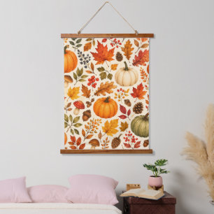 Herfst Aquarel Pompoenen, Herfstbladeren & Bos Hangend Wandkleed