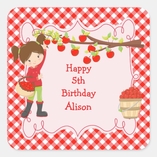 Herfst Autumn Apple Picking Brunette Birthday Part Vierkante Sticker (Voorkant)