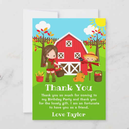 Herfst Autumn Barnyard Verjaardag Bruin Haar Meisj Bedankkaart (Voorkant)