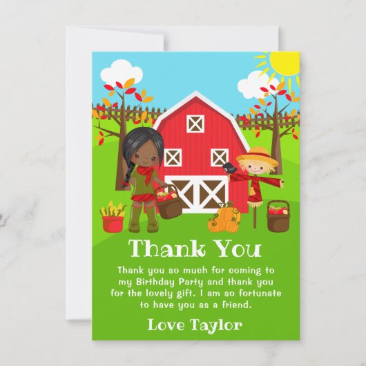 Herfst Autumn Barnyard Verjaardag Donker Huid Meis Bedankkaart (Voorkant)