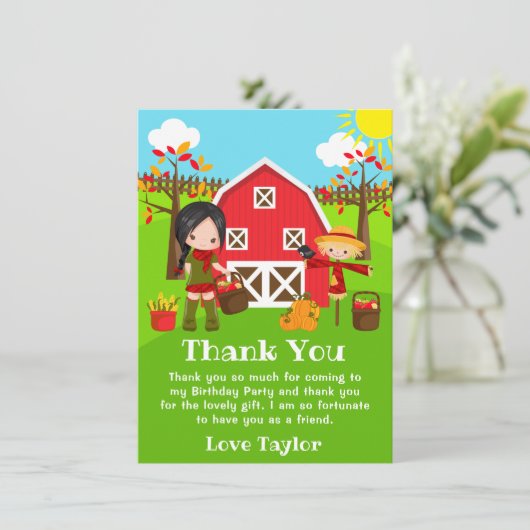Herfst Autumn Barnyard Verjaardag Zwart Haar Meisj Bedankkaart (Staand voorkant)