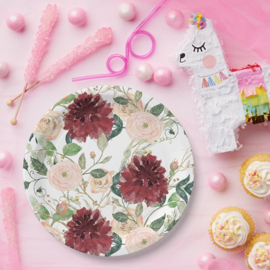 Herfst Autumn Burgundy Chrysanthemum Blush Pink Ro Papieren Bordje (Feest)