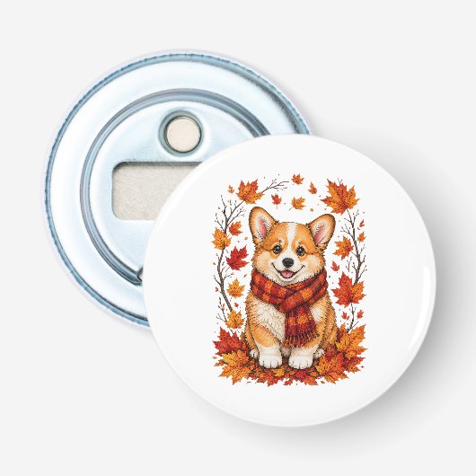 Herfst Autumn Corgi Hond Knus Button Flesopener (Voorkant)