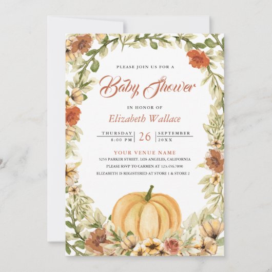 Herfst Autumn Earthy Floral Pumpkin Baby shower Kaart (Voorkant)