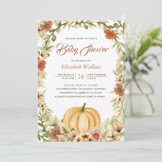 Herfst Autumn Earthy Floral Pumpkin Baby shower Kaart (Staand voorkant)