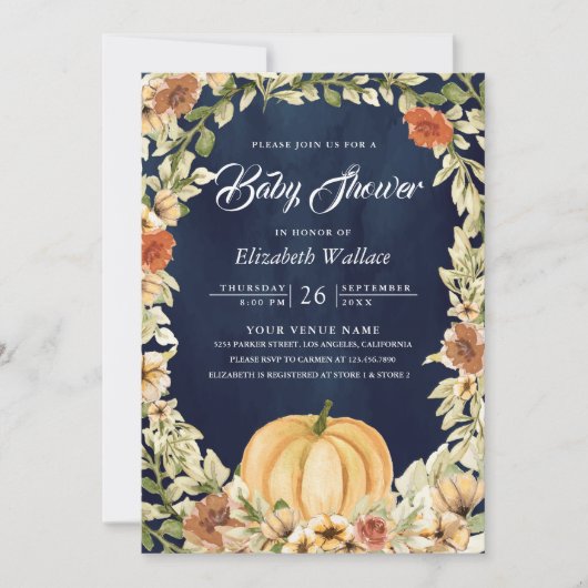 Herfst Autumn Earthy Floral Pumpkin Navy Baby show Kaart (Voorkant)