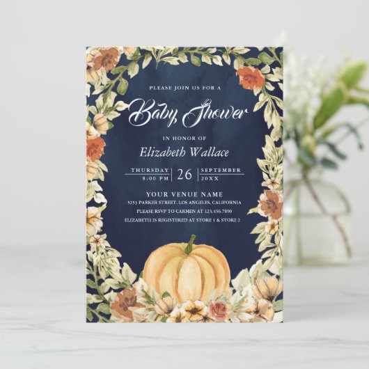Herfst Autumn Earthy Floral Pumpkin Navy Baby show Kaart (Staand voorkant)