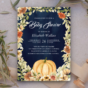 Herfst Autumn Earthy Floral Pumpkin Navy Baby show Kaart