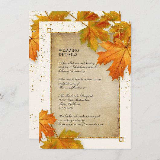 Herfst Autumn Falling Leaf Elegant Wedding Details Kaart (Voorkant / Achterkant)