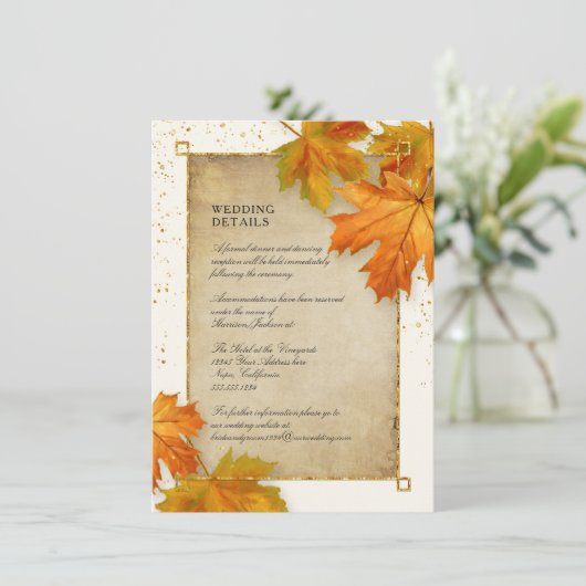 Herfst Autumn Falling Leaf Elegant Wedding Details Kaart (Staand voorkant)