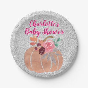 Herfst Autumn Floral Pumpkin Baby shower Pink Silv Papieren Bordje