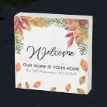 Herfst Autumn house decor Welcome wifi password Houten Kist Print<br><div class="desc">Maak je gasten speciaal! Dit houtteken kan worden gepersonaliseerd met uw prijsopgave en wifi wachtwoord. Gebruik het om je vrienden of zelfs voor je bed en ontbijt te verwelkomen. Het heeft een bijtende vormgeving van waterverf die gekleurde bladeren valt.</div>