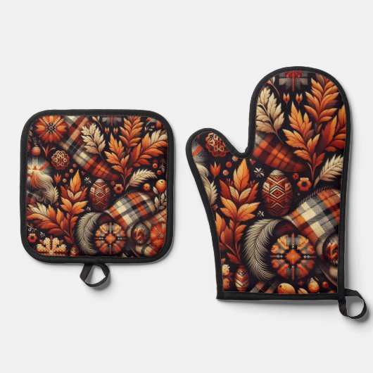 Herfst Autumn Plaid bladeren Oranje zwarte patroon Ovenwant & Pannenlap Set (Voorkant)