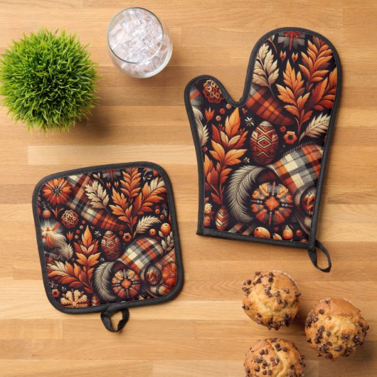 Herfst Autumn Plaid bladeren Oranje zwarte patroon Ovenwant & Pannenlap Set (Top down)