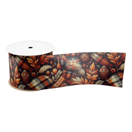 Herfst Autumn Plaid bladeren Oranje zwarte patroon Satijnen Lint (Spoel)