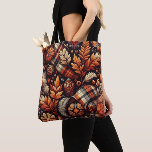 Herfst Autumn Plaid bladeren Oranje zwarte patroon Tote Bag (Dichtbij)