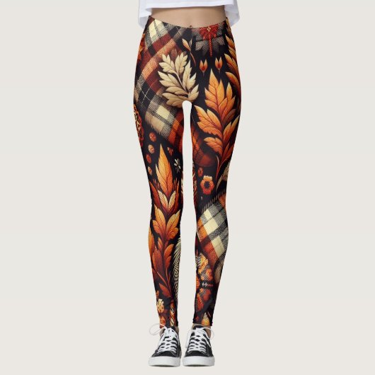 Herfst Autumn Plaid Bladeren Sinaasappel Black Bei Leggings (Voorkant)