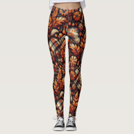 Herfst Autumn Plaid Bladeren Sinaasappel Black Bei Leggings